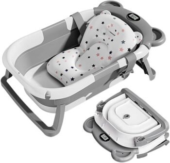 VOICEPTT Bañera Plegable para Bebe, Tina de Baño para Bebe con Cojín Antideslizante y Pantalla de Temperatura, Bañera de Viaje Portátil para Recién Nacido (Gris)