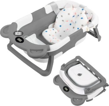 Bebbly Bañera para Bebé: Moderna Tina de Baño Plegable para Bebé, con Sensor de Temperatura y Cojín Antideslizante, Segura para Bebé Recién Nacido a 12 meses. ¡Garantiza Tranquilidad y Practicidad para tu Bebé! (Gris)