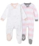 VIOPY Paquete de 2 Pijama Bebés Niñas/Niño Algodón Orgánico con Pies Mamelucos y Cremallera Frontal Cerrados Térmico Mono de Manga Larga para Recién Nacido y Bebé Pequeños