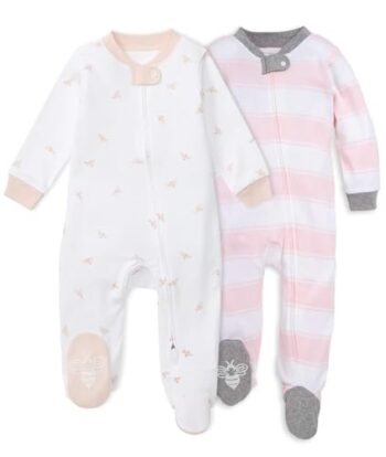 VIOPY Paquete de 2 Pijama Bebés Niñas/Niño Algodón Orgánico con Pies Mamelucos y Cremallera Frontal Cerrados Térmico Mono de Manga Larga para Recién Nacido y Bebé Pequeños