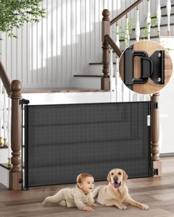 Puerta de Seguridad para Bebé, Extra Ancha de Retráctil Puerta de Seguridad para Mascotas y Niños,Puerta de Malla para Perros para Casa Ajustable, para Puertas, Pasillos, Puerta(Negro, 150CM)