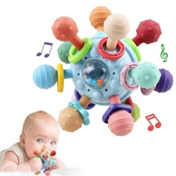 Sonajero masticar juguetes, goma dental montessori juguetes,Juguetes Sensoriales y Estimulacion Temprana (Azul cielo)