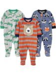 Simple Joys by Carter\'s - Pijama holgado de forro polar resistente al fuego, paquete de 3, azul jaspeado/rojo/gris, oso/cocodrilo/zorro, 12 meses