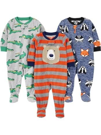 Simple Joys by Carter\'s - Pijama holgado de forro polar resistente al fuego, paquete de 3, azul jaspeado/rojo/gris, oso/cocodrilo/zorro, 12 meses