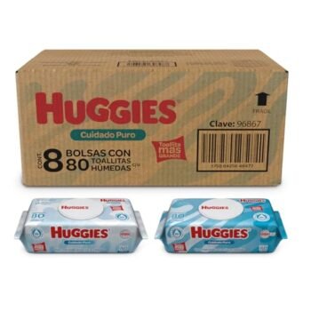 Huggies Cuidado Puro Toallas Húmedas para Bebé, Caja con 640 Piezas (8 paquetes de 80 toallitas c/u)