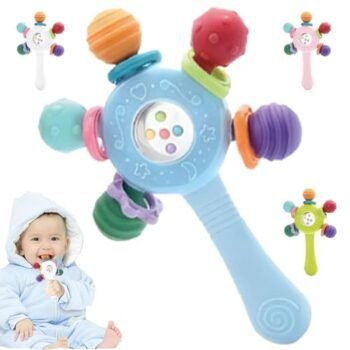 Sonajero masticar juguetes, goma dental montessori juguetes,Juguetes Sensoriales y Estimulacion Temprana，Encías Alivia Dolor Crecimiento Dientes Reducir Chupada Dedos Chupete para niño. (azul)