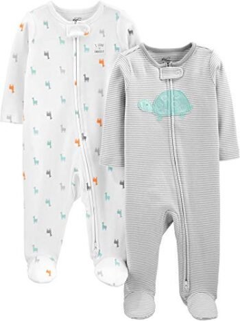 Simple Joys by Carter\'s - Juego unisex de algodón con pies para dormir y jugar, paquete de 2, gris/blanco, tortuga/llama, 3-6 meses
