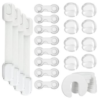 MIST JEWEL Kit de seguridad para bebe en casa 25 pcs | Paquete completo de cerraduras para muebles y cajones, seguros para tope de puerta y protectores de esquinas mesas bebes y niños safety en casa (25 pcs)