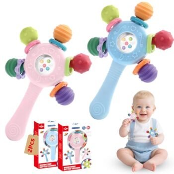 HDMSYD 2PCS Sonajero Masticar Juguetes, Goma Dental Montessori, Juguetes Sensoriales, Alivia el Dolor de Encías, Promueve la Dentición y Estimula el Desarrollo Temprano en Niños Pequeños (Rosa y Azul)