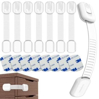 ANNIEMOOM 8 Piezas Cerraduras de Seguridad para Niños, Seguros para Cajones Bebes Ajustables Cierre de Seguridad Multiusos para Armarios, Cajones, Nevera, Hornos y Asientos de Inodoro, Adhesivo 3M, Sin Perforaciones