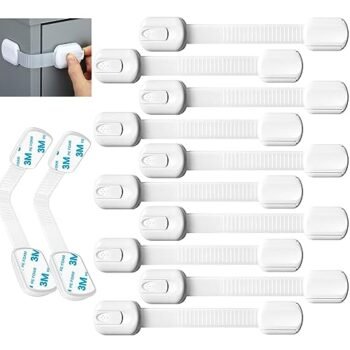 SNORF Cerraduras de Seguridad para Niños (10 PCS), Seguros para Puertas y Cajones Bebé, Longitud Ajustable, sin Perforaciones, Adhesivo 3M de Alta Resistencia, Apto para Armarios, Refrigeradores, etc., para Proteger la Seguridad del Bebé
