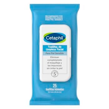 CETAPHIL Toallitas de Limpieza Facial 1 pz 25 toallitas Eliminan el Maquillaje sin Irritar Recomendada por Dermatólogos para Piel Sensible