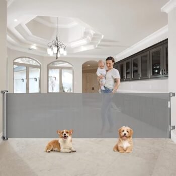 SULYOOP Puerta de Seguridad para Bebé 300×86cm,Puerta Retráctil de Malla para Niños y Mascotas,Puerta para Perro, Reja para Perro Mascota. Adecuada A Escaleras, Cocina, Puerta,Taladrado Instalación
