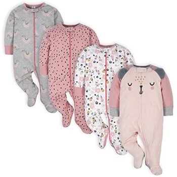 Gerber Baby-Girls Paquete de 4 pies Sleep 'N Play, Rosado (Bear Pink), 0-3 Meses