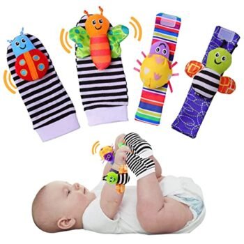 4 piezas Calcetines Sonajero y Pulsera, Sonajeros de Muñeca Animales Lindos, Juguete Sensorial con Sonaja, Sonajeros para Manos y Pies Sonido Estimulante Temprano y Colores