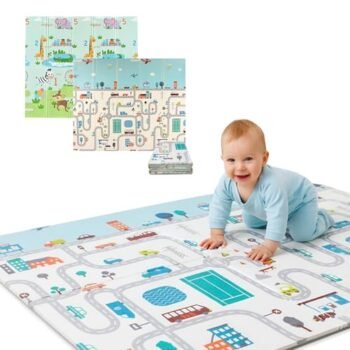 Bluelander Tapete para Bebe, Tapete de Juegos para Niños, Diseño Plegable, Tamaño de 2 m x 1.5 m x 1 cm, Espuma XPE Suave y Resistente, Hipoalergénico, Fácil Transporte (Ciudad y Animales)