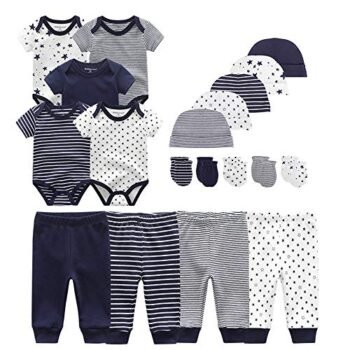 Kiddiezoom - Juego de ropa unisex para bebé recién nacido, 19 piezas, Conjunto de rayas azules oscuras y pequeñas estrellas y estampado, 0-3 meses