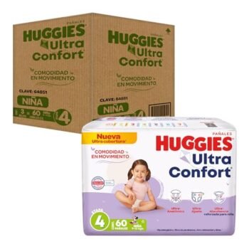 HUGGIES UltraConfort Pañal Desechable para Bebé, Etapa 4, Niña, Caja con 180 Piezas, Ideal para Bebés de 9 a 12 kg