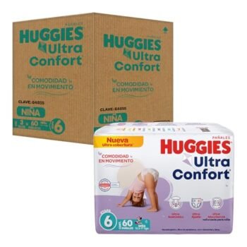 Huggies Ultra Confort Pañal Desechable para Bebé, Etapa 6, Niña, Caja con 180 Piezas, Ideal para niñas de más de 13.5 kg