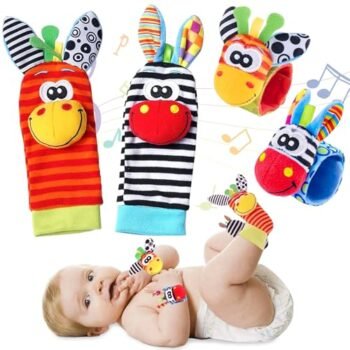 4 Piezas Sonajero Calcetines y Muñequeras, Sonajeros de Muñeca Animales Lindos, Juguete Sensorial con Sonaja, Sonajeros para Manos y Pies Sonido Estimulante Temprano y Colores Brillantes (A)