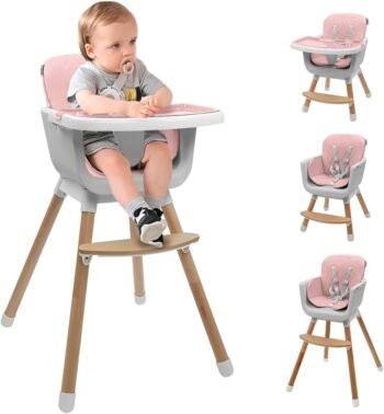 Kwala | Silla Alta para Bebés, Periquera de Altura Ajustable para Alimentar, Silla de Doble Posicion, Charola Desmontable, Cuero Sintetico Facil de Limpiar (Rosa)