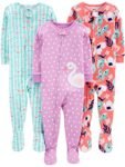 Simple Joys by Carter\'s - Pijama de algodón ajustado con pies para bebé, paquete de 3, morado, verde azulado, rosa coral, floral/cisn/lunares, 12 meses