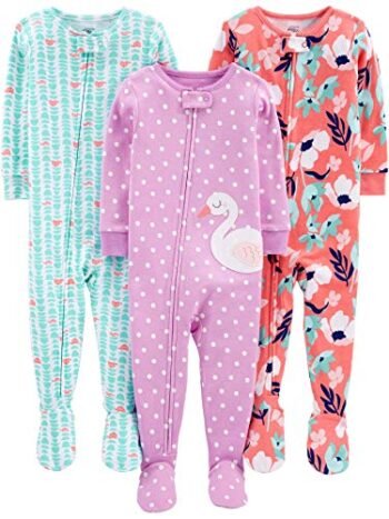 Simple Joys by Carter\'s - Pijama de algodón ajustado con pies para bebé, paquete de 3, morado, verde azulado, rosa coral, floral/cisn/lunares, 12 meses