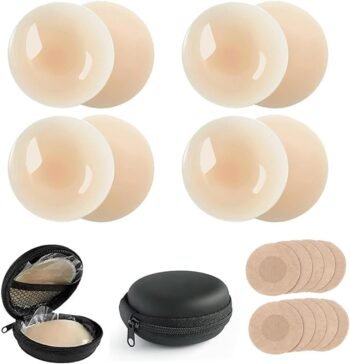 Cubre pezones para mujer,4 pares Pezoneras para Busto de Silicona Adhesiva,Cubre pezón lavable y reutilizable,con Caja de Almacenamiento y 10 pares Pegatina Invisible desechable for el Pecho (B)