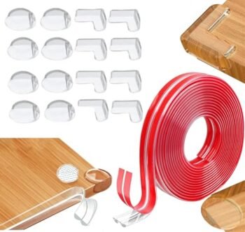 RUISTLI 16PCS Esquineros Protectores para Bebe,Protectores de Esquinas de Muebles PVC Transparente,Protector de Mesa Cosas para Bebes,con 2*100CM Tiras Anticolisión Puede Cortar,Accesorios para Bebe