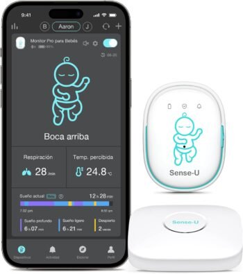 Sense-U Monitor para Bebés Pro (Larga Distancia): Monitorea respiración, volteo, posición al Dormir y Temperatura, con vibración, alertas sonoras, notificaciones en la App y análisis del sueño