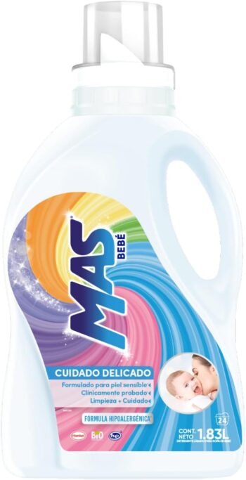 MAS - Bebé Detergente Líquido, 4.65L; para Ropa de Bebé (62 Cargas), Fórmula Hipoalergénica, Aroma Suave y Delicado.