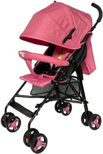 TRENDY KIDS Carriola Para Bebé de Bastón ZOO MAX Rosa, Reclinable, Plegable, Toldo Grande, Barra, Frenos Traseros, Arnés de 5 Puntos