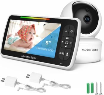 MXNUP Monitor Bebé 5 Pulgadas, Monitor para Bebe con Camara, Monitor de Video, Encriptación Digital, Visión Nocturna Infrarroja, Monitoreo de Temperatura, Comunicación Bidireccional, Canciones de Cuna