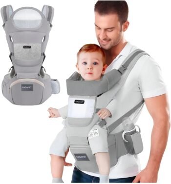 Raganet, Mochila Portabebés Multiusos, Cangurera de Bebé, Cabestrillos Portabebés, Soporte Firme para Bebé, 100% Poliester, Correar Ajustables y Acolchonadas, 3 Cinturones de Seguridad (Gris)