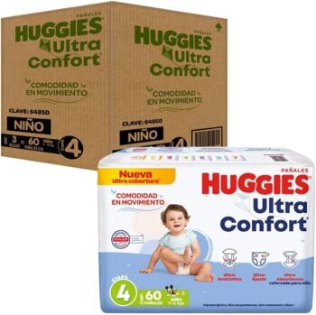 HUGGIES UltraConfort Pañal Desechable para Bebé, Etapa 4, Niño, Caja con 180 Piezas, Ideal para Bebés de 9 a 12 kg