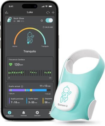Sense-U Calcetín Zapato Monitor Inteligente para Bebés con Indicador de Sueño y Notificaciones en el Dispositivo, Rastrea Frecuencia Cardíaca, Movimiento y Latidos, 1–12 Meses