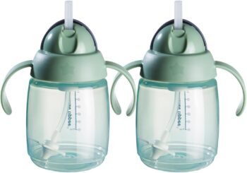Tommee Tippee Vaso Superstar de con popote con contrapeso, para niños pequeños, mayores de 6 meses, 10 oz., a prueba de derrames y sacudidas, popote antimicrobiano, Verde, 2 Unidades
