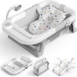 Fallinep Bañera Plegable para Bebe con Demuestre Temperatura, Tina de Baño para Bebe con Cojin para Bañar, Bañera para Bebe para Baño en Casa, Bañera Multiusos para Bañarse、Lavar La Ropa