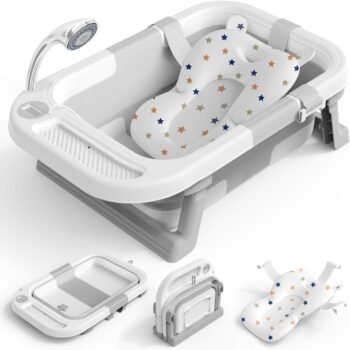 Fallinep Bañera Plegable para Bebe con Demuestre Temperatura, Tina de Baño para Bebe con Cojin para Bañar, Bañera para Bebe para Baño en Casa, Bañera Multiusos para Bañarse、Lavar La Ropa