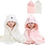 EIGYO 2 Piezas Toalla de Baño con Capucha,Toallas de Baño para niño Super Absorbentes,Toalla para Niños con Capucha-Coral Fleece Suave Toallas Y Cómoda para niño, niña 80x80cm (2, Blanco/Rosa)