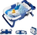 Raganet, Tina de Baño Plegable para Bebés, Diseño Portátil, Base Antideslizante, Tapón de Drenaje, Termómetro, Material Seguro, Cojín Removible y Cómoda (Azul Marino)