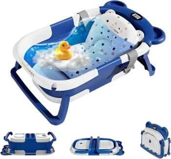 Raganet, Tina de Baño Plegable para Bebés, Diseño Portátil, Base Antideslizante, Tapón de Drenaje, Termómetro, Material Seguro, Cojín Removible y Cómoda (Azul Marino)