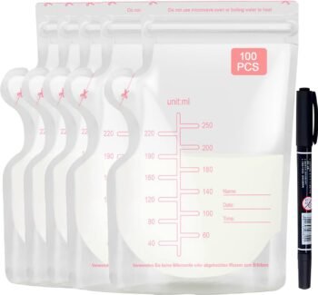 Sacos de Almacenamiento de Leche, 100 Pizeas Bolsas para Leche Materna de Congelables, Bolsas de Almacenamiento de Leche Materna, Bolsas Leche Materna con Boquilla de Vertido Fácil y Rotulador (Estándar, unidad, 100)
