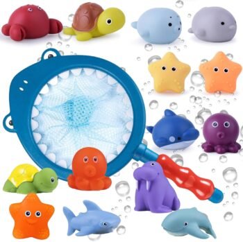 COSIKEY 15 Piezas Juego de Pesca para Niños, Juguetes de Baño para Niñas y Niños, Juguete de Pesca Incluye 1 Redes de Pesca y 14 Animales Flotantes para Piscina o Baño