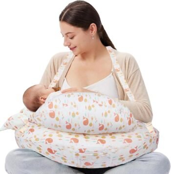 BOSTOM.F Almohada de Lactancia Cojín de Lactancia Multiusos Posicionador Embarazo Funda Removible, Alivia el Dolor de Brazos y Lumbar Durante la Lactancia, con Correa Ajustable y Almohadas（Rosa）