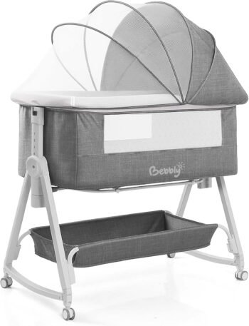 MAGMALIFE Bebbly Cuna Colecho 3 en 1 para Bebé, Cama Multifuncional con Mosquitero, Altura Ajustable, Convertible a Mecedora, Portátil, Canasta de Almacenaje (Gris Claro)