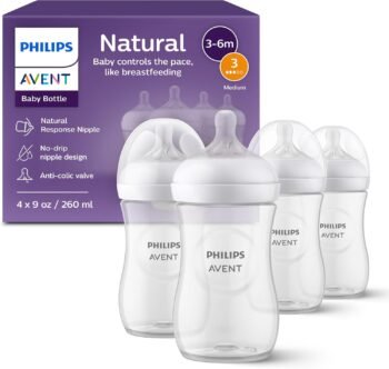 Philips AVENT Biberón natural con pezón de respuesta natural, transparente, 9 onzas, paquete de 4 unidades, SCY903/04