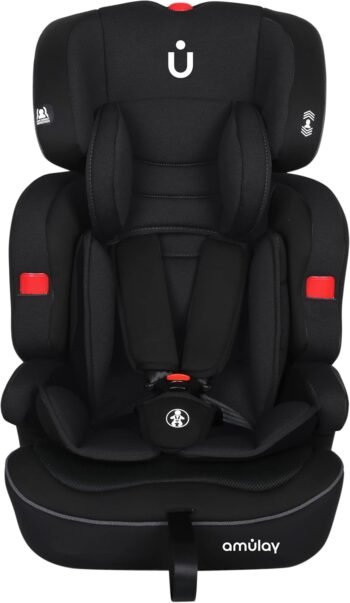 Amulay | Autoasiento para Bebe de 9 a 36 kg | Booster Car Seat con Arnés de 5 puntos, Respaldo Reclinable, Cojín elevador y Reposa cabezas ajustable | Color Negro