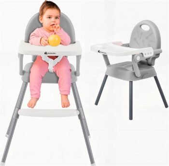 Bluelander Silla para Bebe, Silla Desmontable Patas Ajustable de Altura, Cinturón De Seguridad, Periquera Para Bebe con Charola Desmontable, Silla Alta Ergonómica Para Bebe, Segura y Cómoda (Gris)
