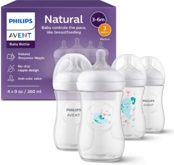 Philips Avent Biberón Natural Response con Válvula Anticólicos, Decorado Foquitas bebé, 9 oz/260 m, 1 m, Flujo 3 Medio, 4 biberones, SCY903/61